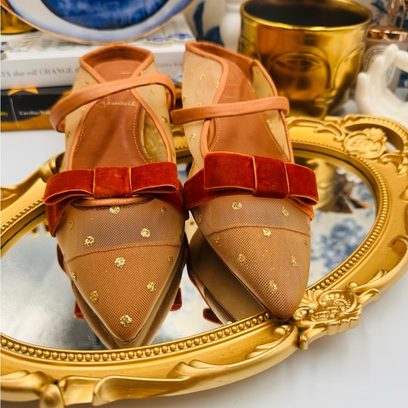 🆕 MALONE SOULIERS 🧿 BNWOB Tan Mesh Mules with Brown Velvet Bow Size 36 - 6 - Picture 13 of 16